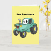 Cute happy green tractor cartoon kaart (Gele Bloem)
