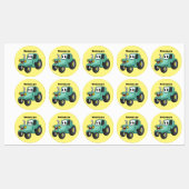 Cute happy green tractor cartoon labels (Vel)
