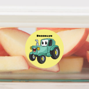 Cute happy green tractor cartoon labels