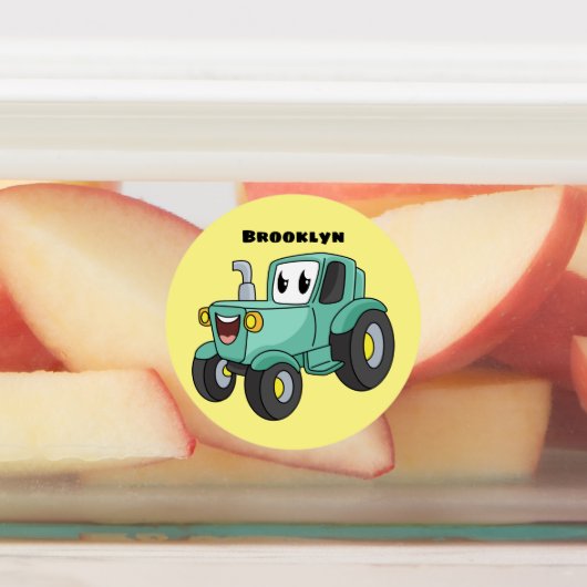 Cute happy green tractor cartoon labels (Aangebracht)