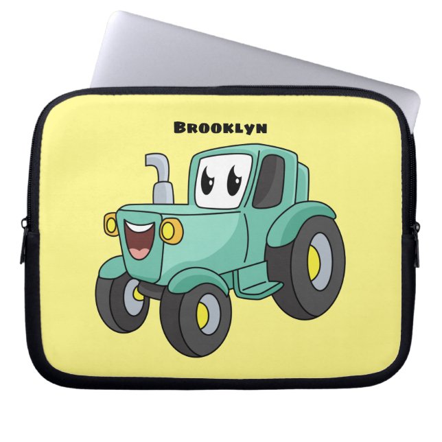 Cute happy green tractor cartoon laptop sleeve (Voorkant)