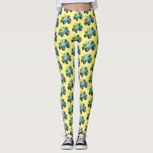 Cute happy green tractor cartoon leggings