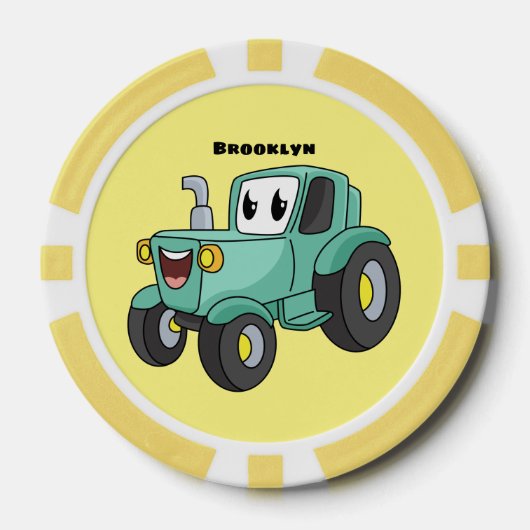 Cute happy green tractor cartoon poker chips (Voorkant)