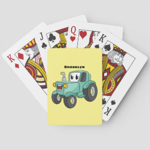 Cute happy green tractor cartoon pokerkaarten