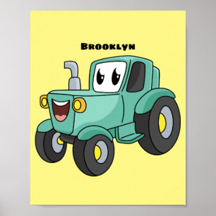 Cute happy green tractor cartoon poster