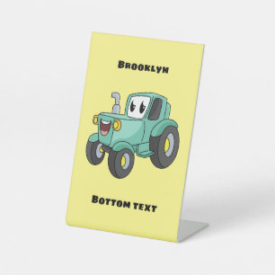 Cute happy green tractor cartoon reclamebord met voetstuk