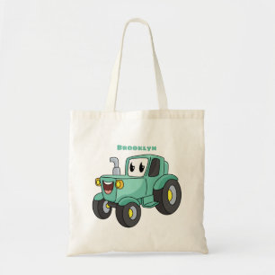 Cute happy green tractor cartoon tote bag