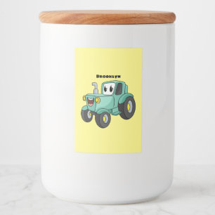 Cute happy green tractor cartoon voedselcontainer etiket