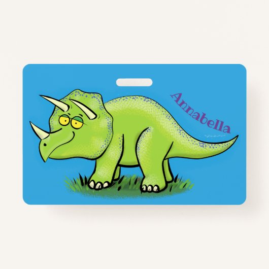 Cute happy green triceratops dinosaur cartoon badge (Voorkant)