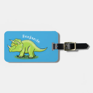 Cute happy green triceratops dinosaur cartoon bagagelabel