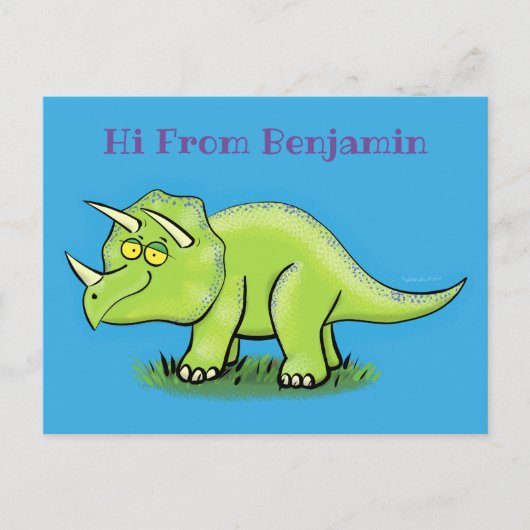 Cute happy green triceratops dinosaur cartoon briefkaart (Voorkant)