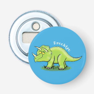 Cute happy green triceratops dinosaur cartoon button flesopener