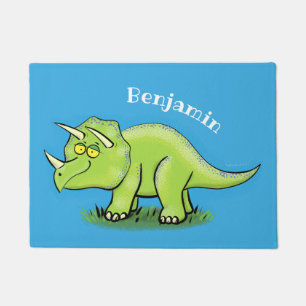 Cute happy green triceratops dinosaur cartoon deurmat