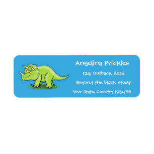 Cute happy green triceratops dinosaur cartoon etiket
