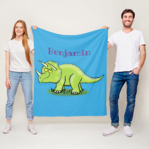 Cute happy green triceratops dinosaur cartoon fleece deken