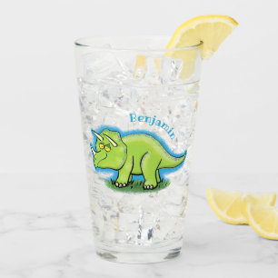 Cute happy green triceratops dinosaur cartoon glas