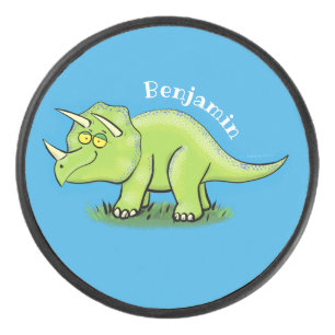 Cute happy green triceratops dinosaur cartoon hockey puck
