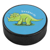 Cute happy green triceratops dinosaur cartoon hockey puck (3/4)