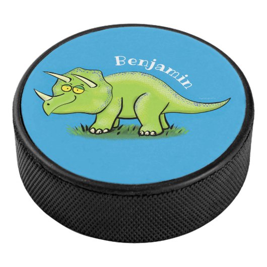 Cute happy green triceratops dinosaur cartoon hockey puck (3/4)