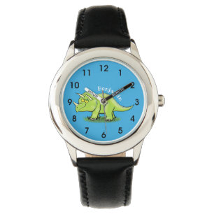 Cute happy green triceratops dinosaur cartoon horloge