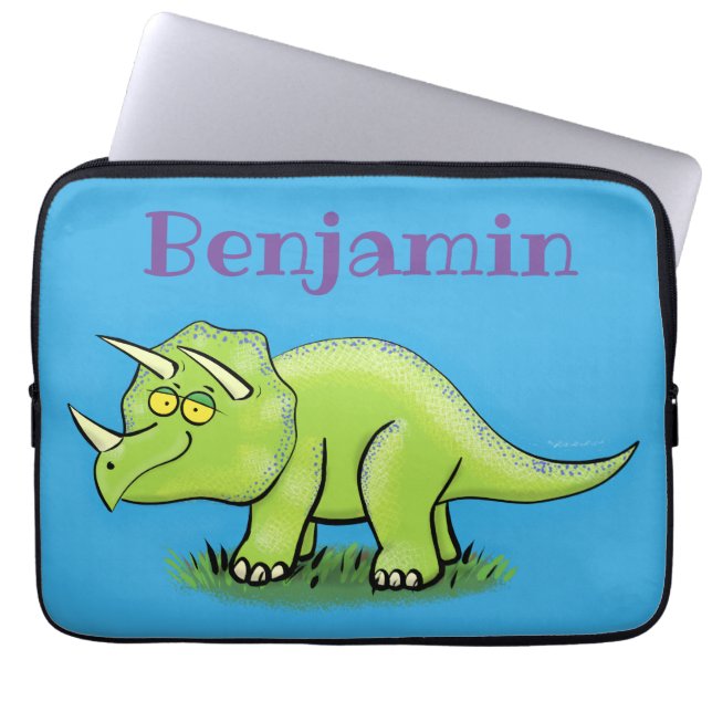 Cute happy green triceratops dinosaur cartoon laptop sleeve (Voorkant)