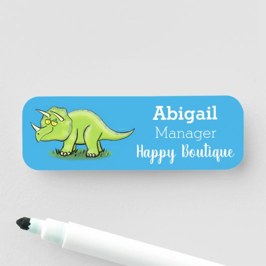 Cute happy green triceratops dinosaur cartoon naamplaatje (In situ)