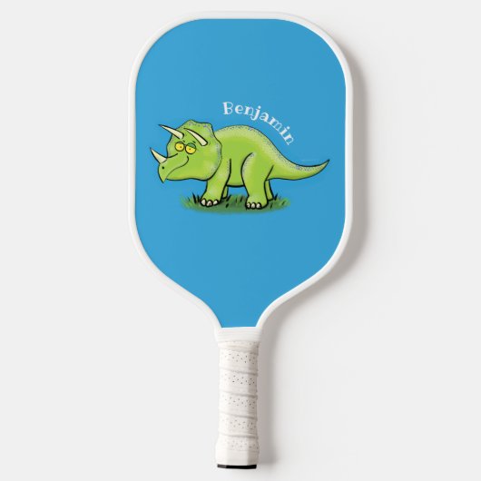 Cute happy green triceratops dinosaur cartoon pickleball paddle (Achterkant)