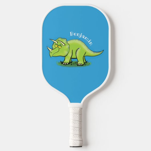 Cute happy green triceratops dinosaur cartoon pickleball paddle (Voorkant)