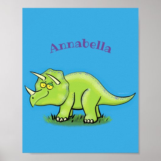 Cute happy green triceratops dinosaur cartoon poster (Voorkant)