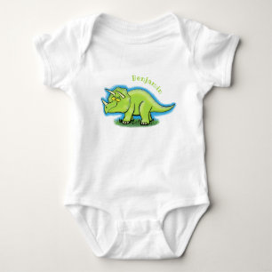 Cute happy green triceratops dinosaur cartoon romper