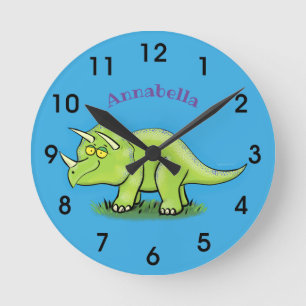 Cute happy green triceratops dinosaur cartoon ronde klok