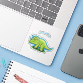 Cute happy green triceratops dinosaur cartoon sticker (Laptop met iPhone)