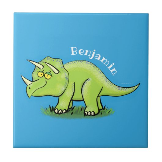Cute happy green triceratops dinosaur cartoon tegeltje (Voorkant)
