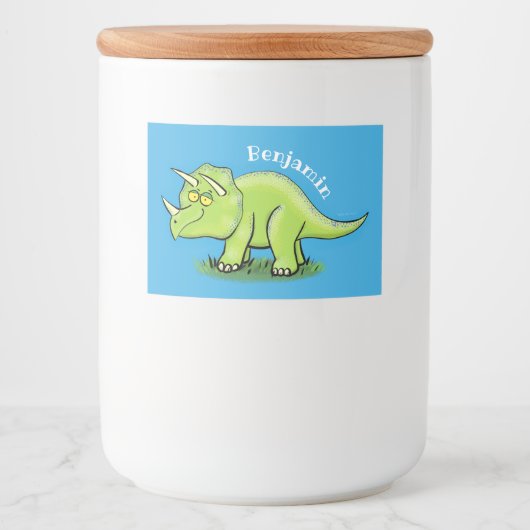 Cute happy green triceratops dinosaur cartoon voedselcontainer etiket (Voorkant)