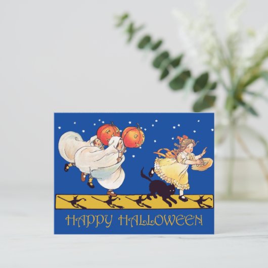 Cute  Happy Halloween Black Cat, geesten Briefkaart (Staand voorkant)