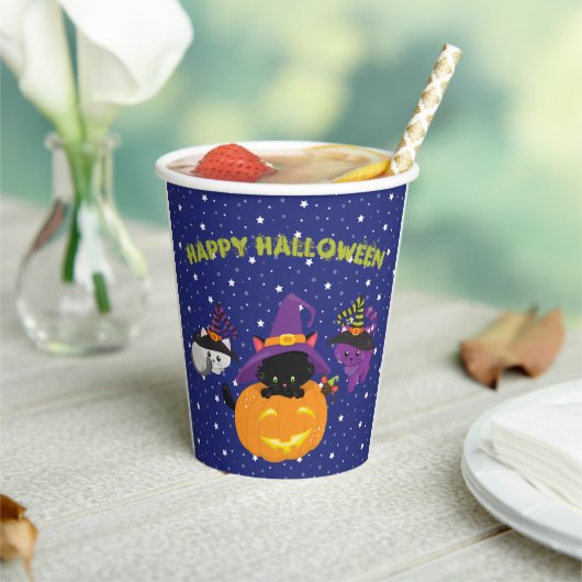 Cute Happy Halloween Black Cat Pumpkin Papieren Bekers (Insitu)