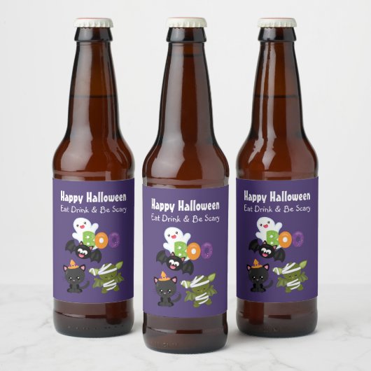 Cute Happy Halloween Cat, Bat, Mummy & Ghost Bier Etiket (Flessen)