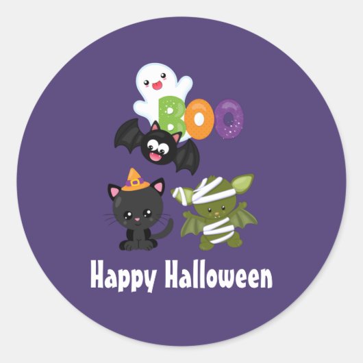 Cute Happy Halloween Cat, Bat, Mummy & Ghost Ronde Sticker (Voorkant)