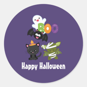 Cute Happy Halloween Cat, Bat, Mummy & Ghost Ronde Sticker
