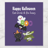 Cute Happy Halloween Cat, Bat, Mummy & Ghost Wijn Etiket (Enkel label)