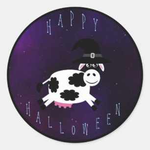 Cute Happy Halloween Cow met heks Pet Ronde Sticker