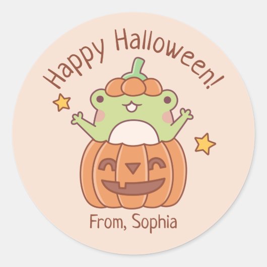 Cute Happy Halloween Frog in Carved Pumpkin Ronde Sticker (Voorkant)