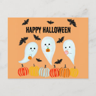 Cute Happy Halloween Ghost Bat Pumpkin Briefkaart