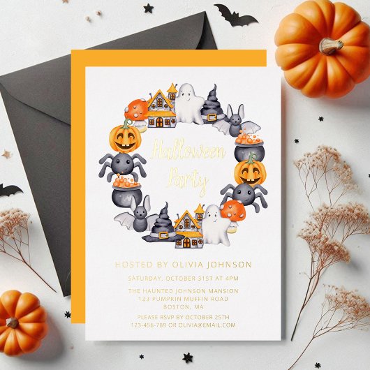 Cute Happy Halloween Illustration Party Gold Folie Uitnodiging