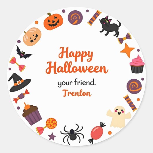 Cute Happy Halloween Sticker with Candy and Ghost (Voorkant)