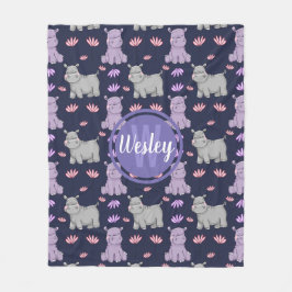 Cute Happy Hippos en Flowers Monogram Fleece Deken
