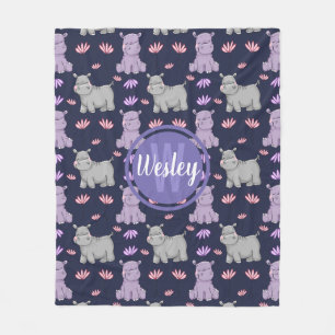 Cute Happy Hippos en Flowers Monogram Fleece Deken