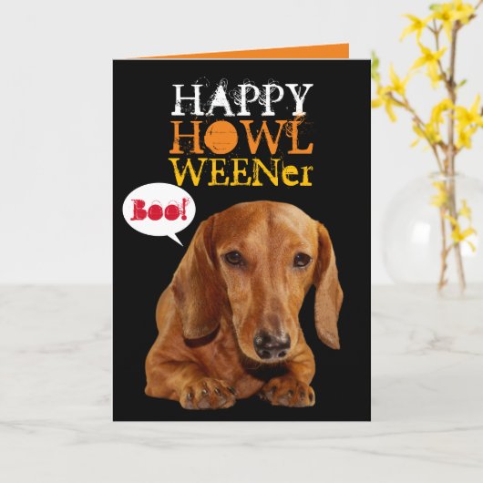 Cute Happy Howl Weener Dog Halloween Kaart (Gele Bloem)