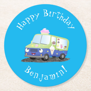 Cute happy ice roomtruck cartoon ronde kartonnen onderzetter