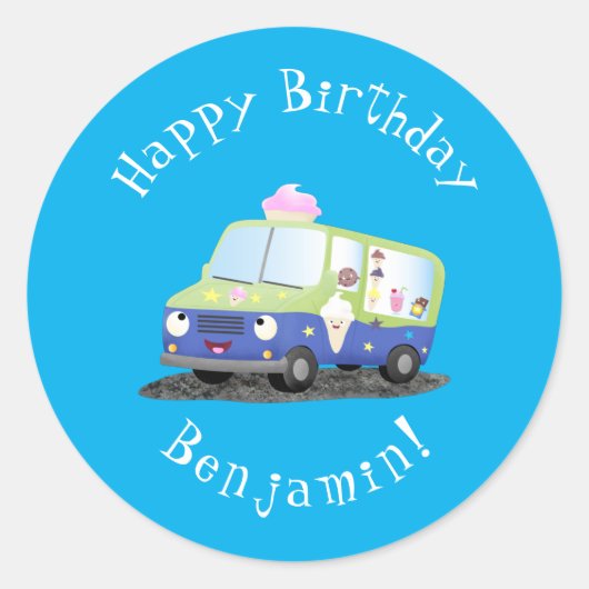 Cute happy ice roomtruck cartoon ronde sticker (Voorkant)